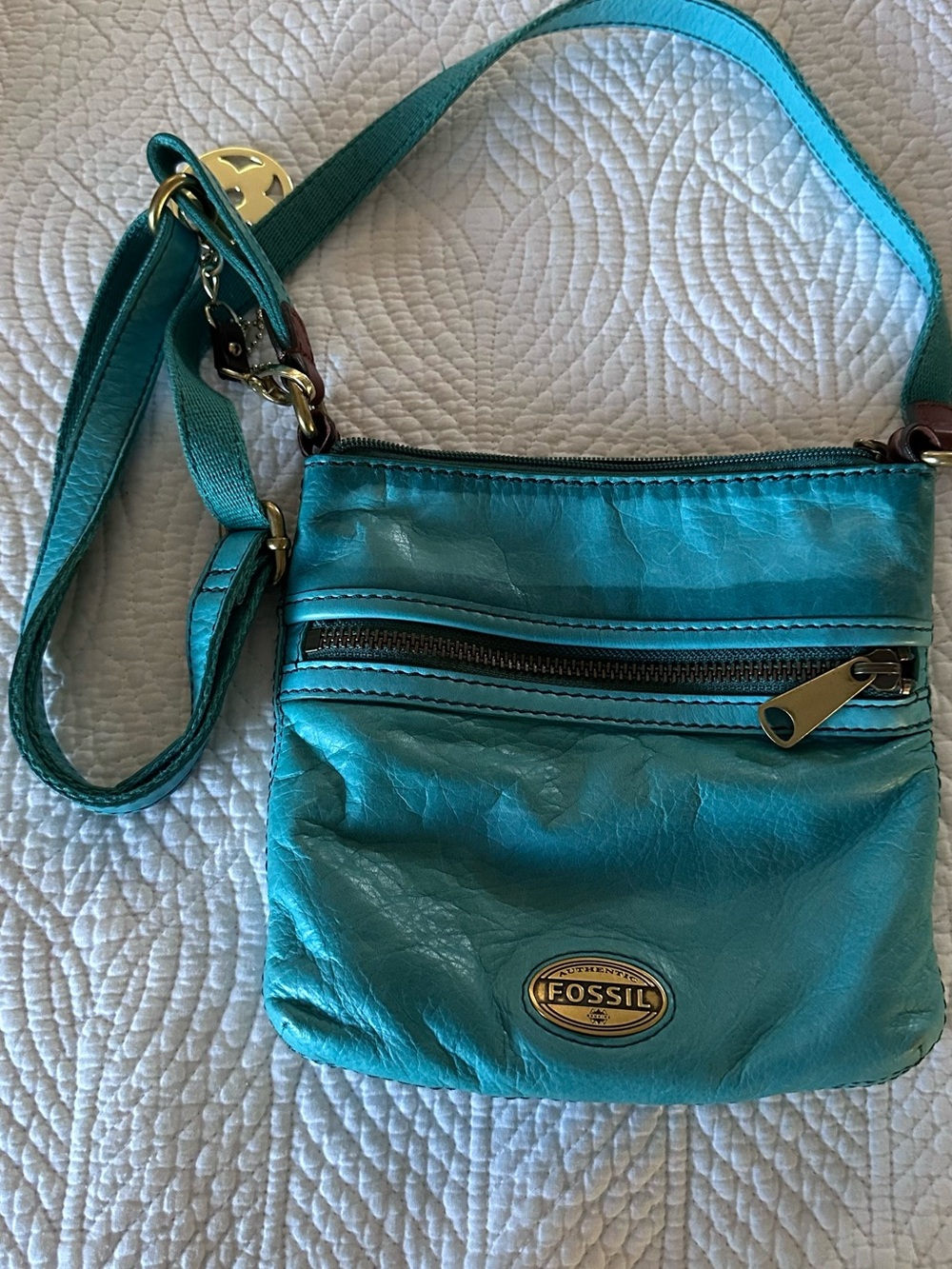 Fossil Teal Leather Crossbody Bag with Gold Accents